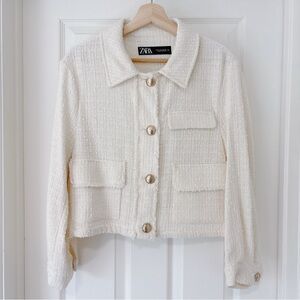 ZARA Cream white Textured Bouclé Button-Front Jacket